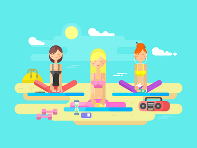 Girls doing yoga balance beach character fitness flat girls illustration kit8 metitation sport vector yoga