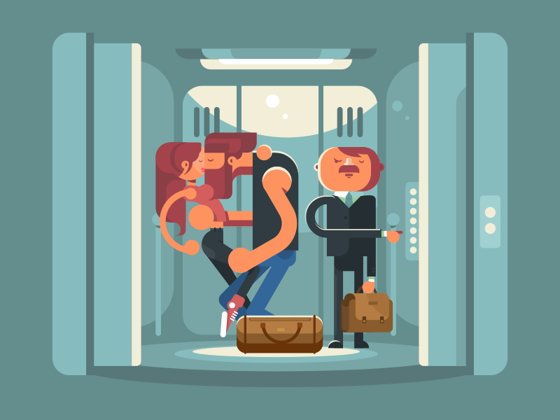 Kissing in the elevator character man girl elevator kissing illustration vector flat kit8