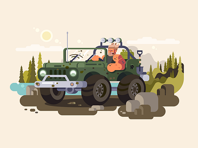 True man character cigar flat hunter illustration jeep kit8 man nature river suv vector