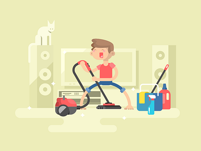 House cleaning boy character cleaning flat house illustration kit8 man vacuum cleaner vector