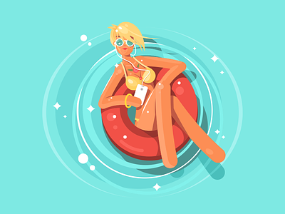 Girl in the pool beautiful flat girl illustration kit8 mattress nflatable pool sexy vector vocation woman