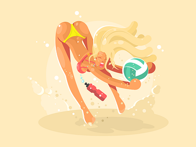 Beach volleyball ball beach character flat girl illustration kit8 play summer vector volleyball woman