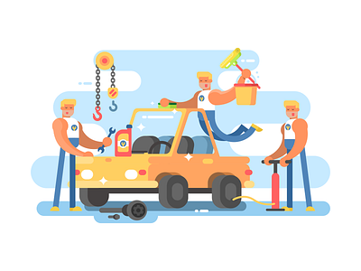 Full car service car character flat illustration kit8 man repair service vector wash