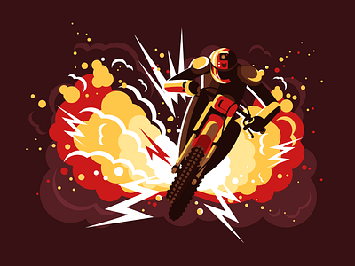 Stuntman on motorcycle character explosion fire flat illustration kit8 man motorcycle stuntman vector