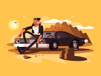 Tough guy near car car character classic criminal flat gun illustration kit8 man muscle car vector