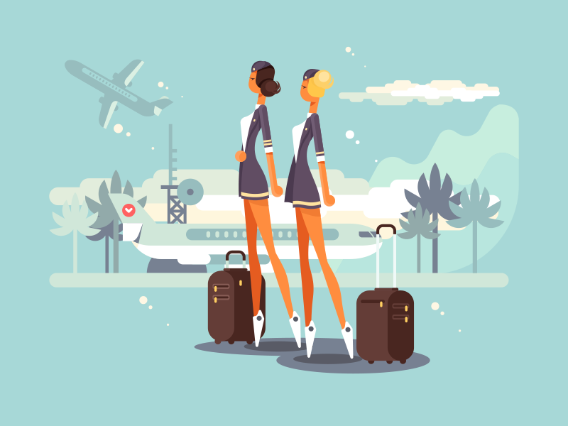 Flight attendants plane attendants flight airport woman character illustration vector flat kit8