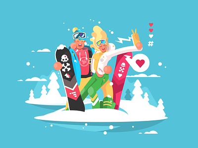 Snowboarders character couple flat happy illustration kit8 skiing snowboarders vector