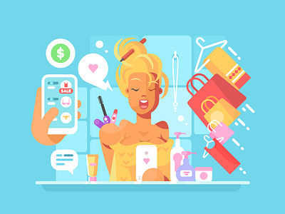 Girl shopping blonde character flat girl illustration internet kit8 online shopping vector