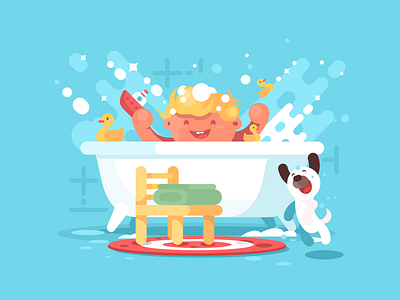 Baby in bath bath bathroom character child flat illustration kit8 playing vector wash water