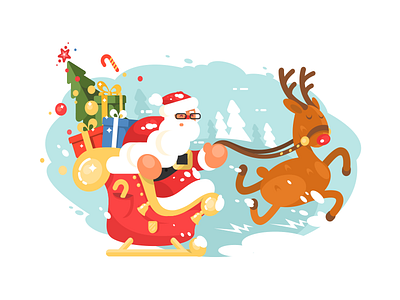 Santa in a hurry character christmas claus deer flat gifts illustration kit8 new year santa sleigh vector