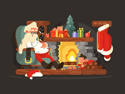 Santa Claus in a chair celebration christmas decoration fireplace flat holiday illustration interior kit8 santa tree vector