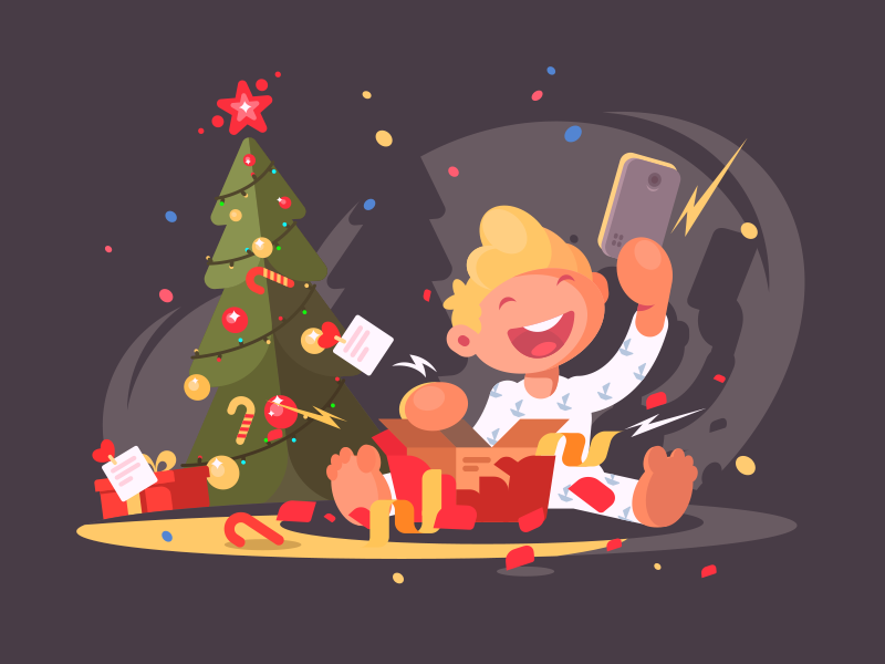 Child opens present kid gift child present christmas character illustration vector flat kit8