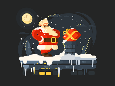 Santa on roof character christmas claus flat holiday illustration kit8 roof santa snow vector winter