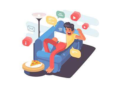 Lying on couch couch flat home illustration internet kit8 leisure man sofa tablet technology vector