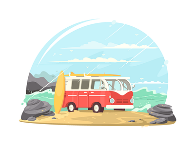 Surfing van beach flat illustration kit8 retro surf surfing travel van vector vehicle vintage