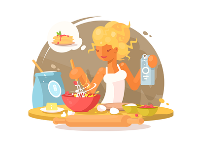 Cooking character cook flat girl illustration kit8 meal prepare vector woman