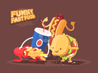 Funny fast food drink fast flat food french funny hamburger illustration kit8 lunch soda vector