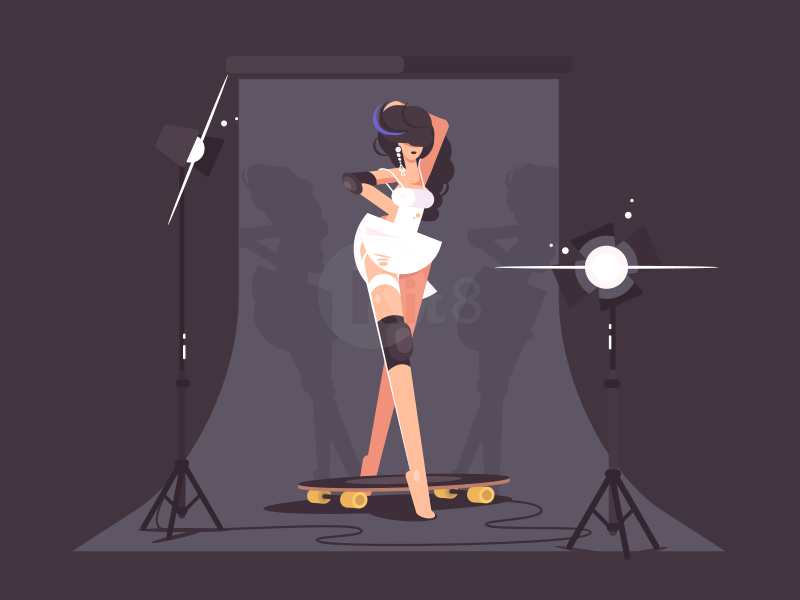 Fashion model skateboard studio photo fashion woman girl character illustration vector flat kit8