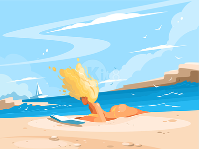 Girl on sunny beach beach bikini character cocation travel flat girl illustration kit8 ocean seaside vector yacht
