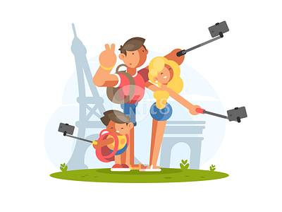 Selfie tourists eiffel family flat illustration kit8 paris selfie travel vector vocation