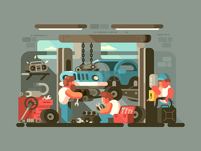Auto service auto car character flat garage illustration kit8 repair service vector