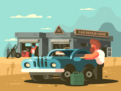 Auto service auto car character flat gasoline illustration kit8 man repair vector