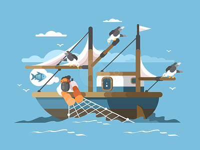 Fishermen boat character fishing flat illustration kit8 man ocean sea ship vector