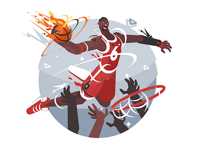Basketball player ball basketball black character fire flat illustration man plat vector