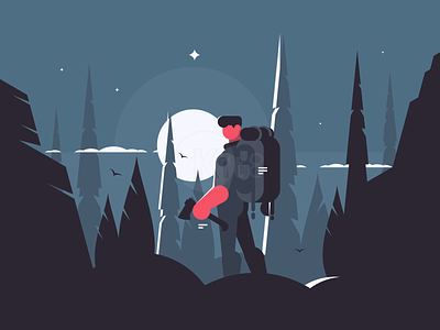 Traveler camping character flat forest hike illustration kit8 man moon night travel vector