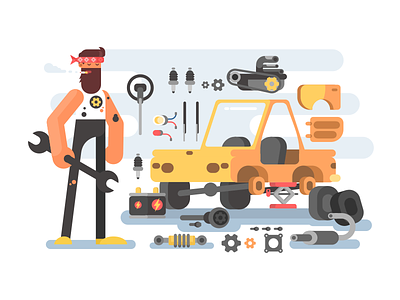 Car disassembly car character disassembly flat illustration kit8 man repair service vector