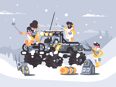 Friends hanging out in mountains car character flat illustration kit8 mountains rest skiing travel vector winter