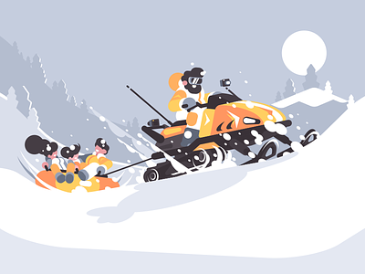 Snowmobile ride character children drive flat illustration kit8 man mountains people ride snowmobile vector
