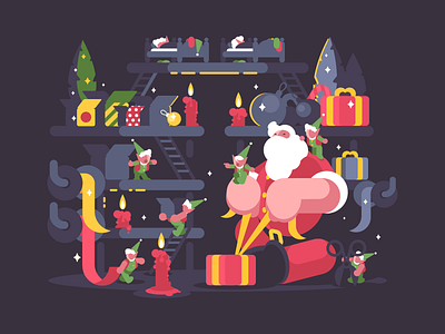 Santa and elves helpers box character claus elf flat gift illustration kit8 present santa vector