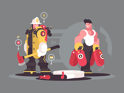 Firefighters character fighter fire flat guy illustration kit8 man protect vector