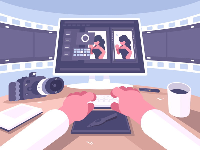 Photo designer table camera edit workspace workplace character designer photo illustration vector flat kit8