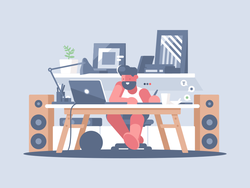 Freelancer indoors speakers laptop workspace place work man freelance character illustration vector flat kit8