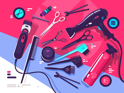 Hairdressing tools brush dryer flat hair hairbrush hairdressing illustration kit8 scissors tool vector