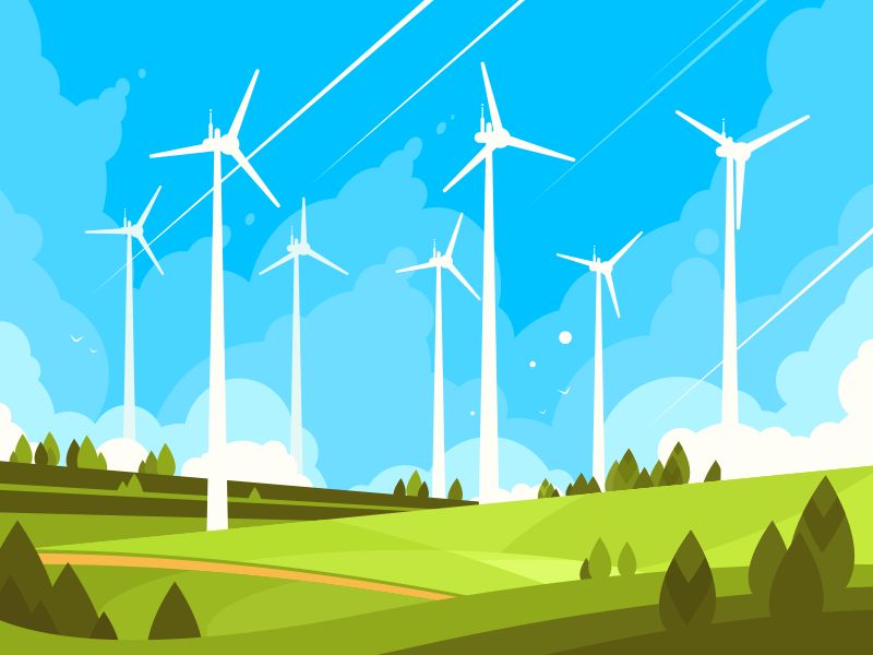 Windmills ecology field turbine wind environment energy electricity windmill illustration vector flat kit8