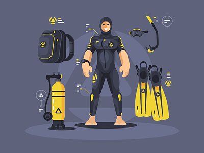 Diver's equipment aqualung character diver equipment flat illustration kit8 scuba snorkel underwater vector wetsuit