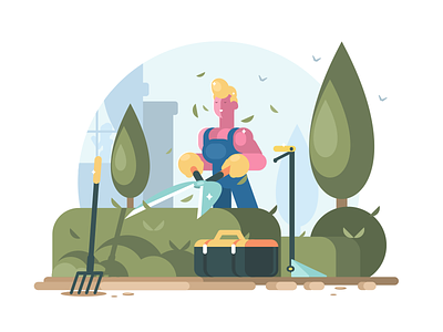 Gardener bush character cutting flat gardener illustration kit8 man pruner scissors tool vector