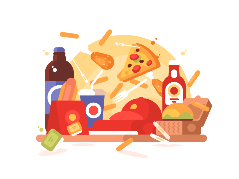 Equipment Fastfood soda french fries pizza dog hot food fast illustration vector flat kit8