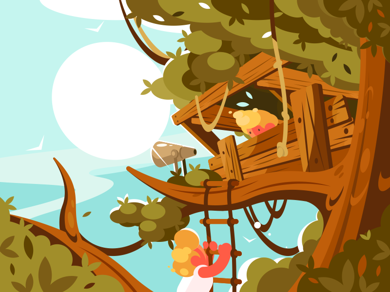 House On Tree character children ladder summer wooden wood tree house illustration vector flat kit8