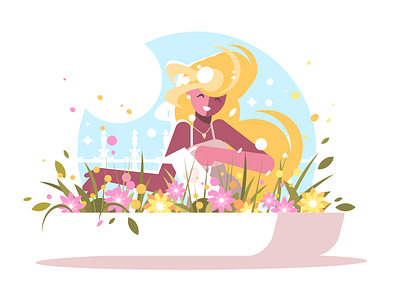 Blonde watering flowers blonde character cute flat flower gardening illustration kit8 vector watering woman