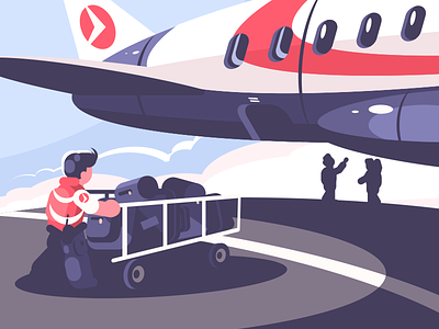 Loading of luggage in plane airplane airport cart character flat illustration kit8 loading luggage plane transport vector