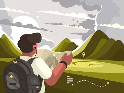 Traveler with map character flat illustration kit8 man map mountain planning route tourism traveler vector