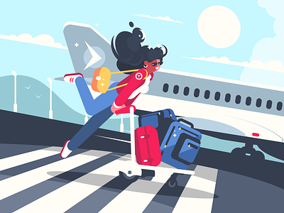 Girl carrying baggage on trolleys airport baggage character flat girl illustration kit8 luggage suitcase trolley vector woman