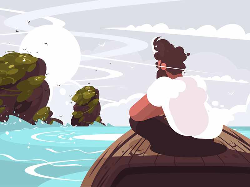 Guy sitting on boat character wooden boat water sea guy illustration vector flat kit8