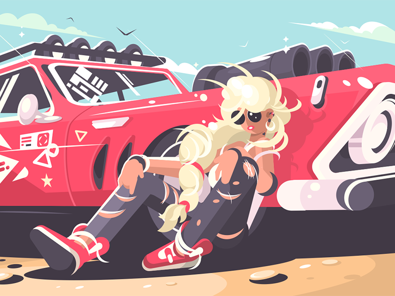 Blond girl sitting near red car character red car girl automobile cute woman illustration vector flat kit8