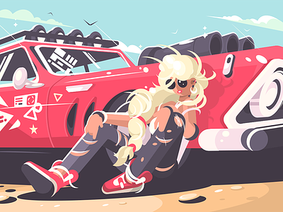 Blond girl sitting near red car automobile car character cute flat girl illustration kit8 red vector woman