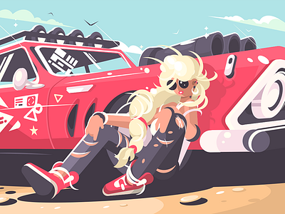 Blond girl sitting near red car
